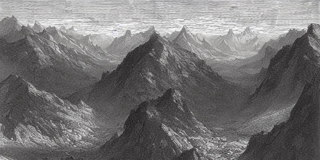 Prompt: beautiful rotogravure drawing of large mountains and canyons in the sunset, by gustave dore