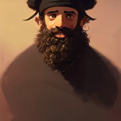 Prompt: a happy merchant jew wearing kippah!!!, black curly beard, black curly hair, hooked nose, by greg rutkowski, artstation, by artgerm, by wlop