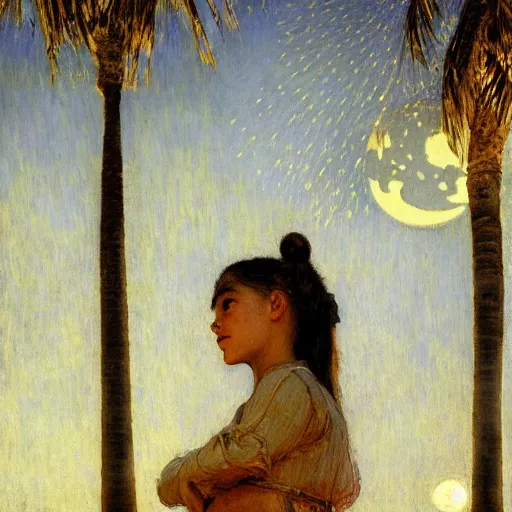 Image similar to a ultradetailed beautiful painting of the moon girl on the amazonas palace by jules bastien - lepage, hans belmer, frank weston and gustave baumann, trending on artstation, mediterranean, palm trees, light sparkles, sharp focus, soft light, 8 k 4 k