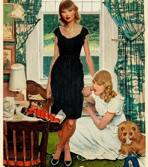 Image similar to taylor swift as a housewife hiding a dark secret, norman rockwell painting, detailed