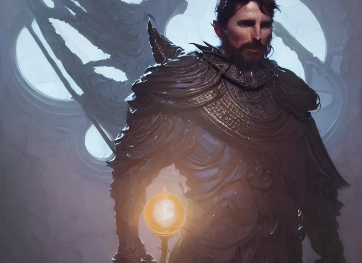 Image similar to christian bale as oscar diggs, intricate, d & d, wizard, powerful, fantasy, art nouveau, digital painting, trending on artstation, sharp focus, wide shot, illustration, global illumination, ray tracing, art by artgerm and greg rutkowski and ruan jia