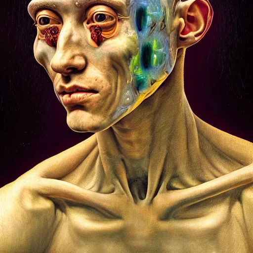 Image similar to Colour Caravaggio Bosch style Photography of Man with reflecting glowing skin with highly detailed 1000 years old face with reflecting glowing skin wearing highly detailed sci-fi VR headset designed by Josan Gonzalez. Many details . In style of Josan Gonzalez and Mike Winkelmann and andgreg rutkowski and alphonse muchaand and Caspar David Friedrich and Stephen Hickman and James Gurney and Hiromasa Ogura. Rendered in Blender and Octane Render volumetric natural light