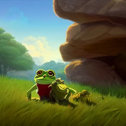 Image similar to a wholesome animation key shot of pepe the frog and a cat playing on a hill, medium shot, studio ghibli, pixar and disney animation, sharp, rendered in unreal engine 5, anime key art by greg rutkowski, bloom, dramatic lighting