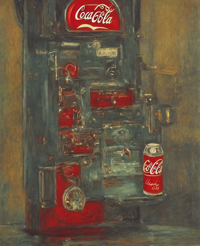 Prompt: achingly beautiful oil painting of 1 9 4 0 s coca - cola machine by monet, hopper, and magritte. centered.