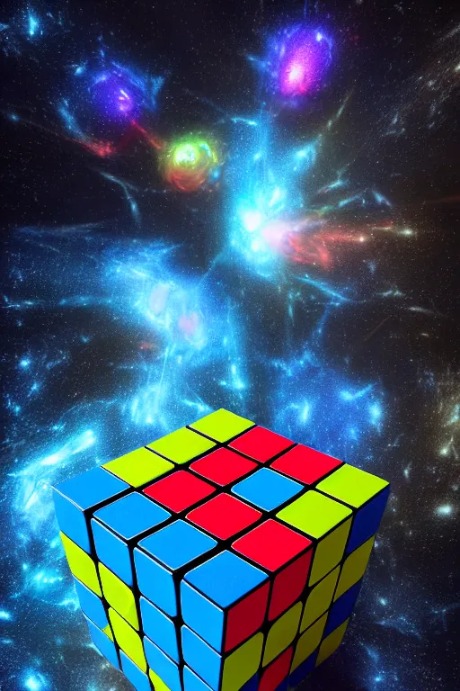 Prompt: cosmic rubik's cube tesseract with wormholes, energy and galaxies around it. epic, dramatic, cinematic, digital art, octane render, blender, 8 k, hyperrealistic, trending on artstation