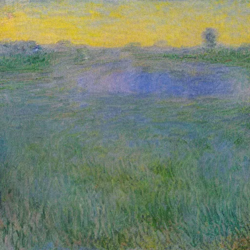 Prompt: a large gelatinous blob monster roaming threw a field, landscape, in the style of monet