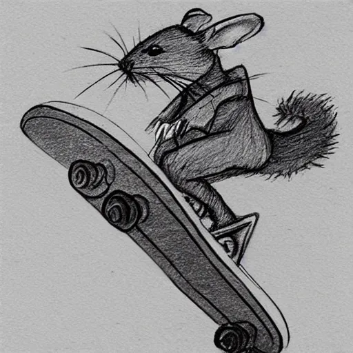 Image similar to sketch drawing of a rat in tokyo riding a skateboard