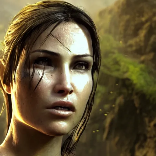 Image similar to dew, dew covers lara croft's face, focus on her face, sunlight