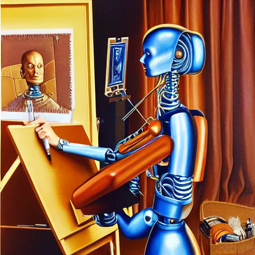 Image similar to robot artist artist painting a self portrait, by clyde caldwell, james c. christensen, george tooker