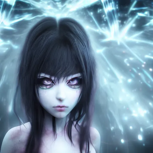 Image similar to photorealistic full shot of masterpiece angry darkness anime girl, beautifull lovely eyes, electric aura with particles, darkness background, inspired by tim burton, detailed, unreal engine 4 k, volumetric light, fog