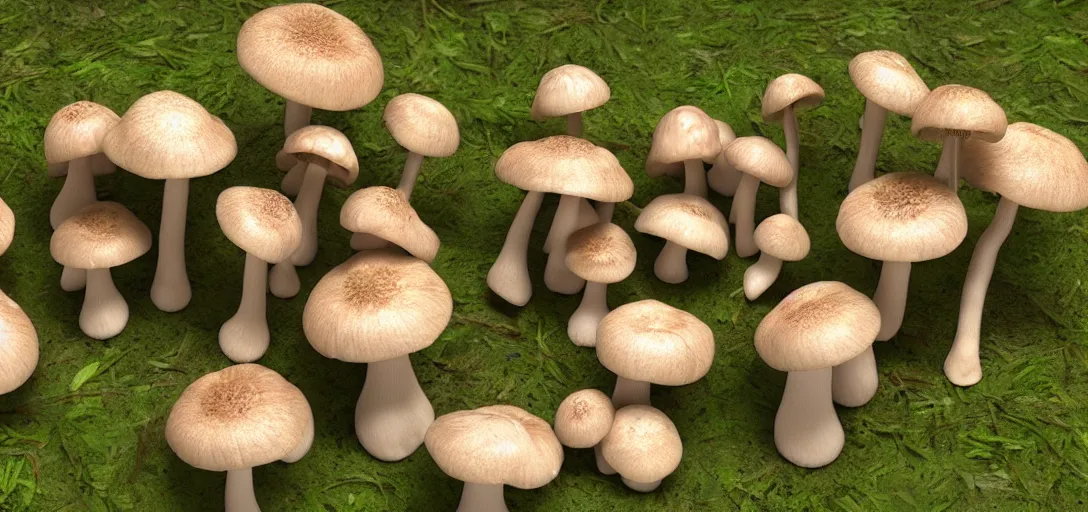 Prompt: 3 d study of a bunch of mushrooms in the forest, wireframe, detailed, octane