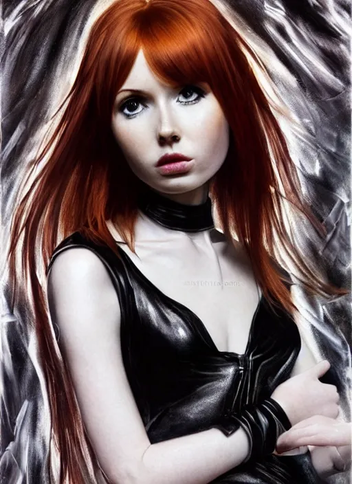 Image similar to beautiful 20 year old Karen Gillan as the goddess of black leather. ultra detailed painting at 16K resolution and amazingly epic visuals. epically beautiful image. amazing effect, image looks gorgeously crisp as far as it's visual fidelity goes, absolutely outstanding. vivid clarity. ultra. iridescent. mind-breaking. mega-beautiful pencil shadowing. beautiful face. Ultra High Definition. godly shading. amazingly crisp sharpness. photorealistic film cel processed twice..