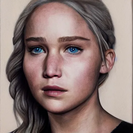 Image similar to portrait of the daughter of daenerys targaryen and jennifer lawrence as a young woman, hyperdetailed, hyperrealism.