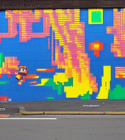 Prompt: street art looking like retro videogames from the 8 0 s, pixelized