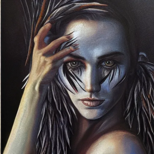 Image similar to detailed realistic oil painting youthful young jennifer connelly with black feathers instead of hair, dark fae, black lips, gray mottled skin, feathers growing out of skin, feathers growing from arms, black hands with long black claws, pale and sickly, profile view, full body, gothic, - - ar 9 : 1 6