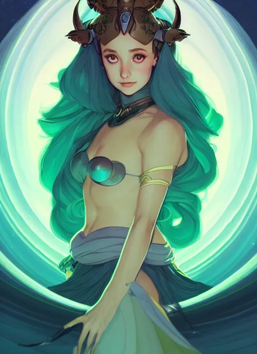 Image similar to style artgerm, joshua middleton, illustration, ariana grande as a high priestess wearing green pelt light armor, anime eyes, blue hair, swirling water cosmos, fantasy, dnd, cinematic lighting