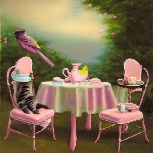 Image similar to a tea party with birds and kittens, pastel colors