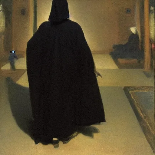 Image similar to Back view of the grim reaper, thin black robe, curvy, peach emoji, death himself, elegant, deep shadows, award winning, by Ilya Repin, deviant art