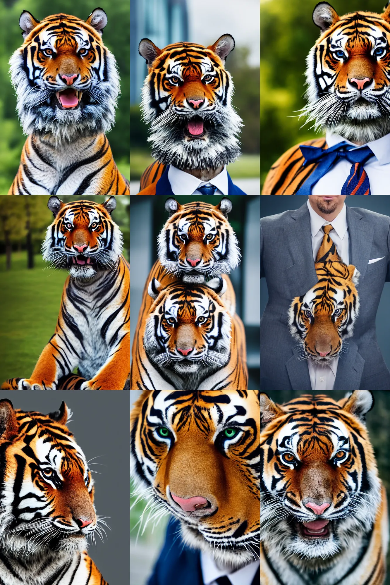 Prompt: high quality portrait photo of an tiger dressed in a business suit and tie, Anthropomorphic portrait, photography 4k, f1.8 bokeh, 4k, 85mm lens, sharp eyes, blue eyes, looking at camera