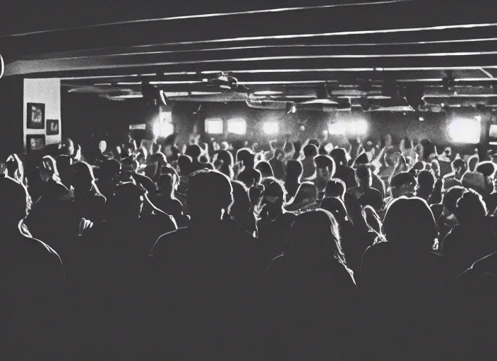 Image similar to a 2 8 mm macro photo from the back of a crowd at a rnightclub in silhouette in the 1 9 7 0 s, bokeh, canon 5 0 mm, cinematic lighting, dramatic, film, photography, golden hour, depth of field, award - winning, 3 5 mm film grain