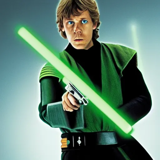 Image similar to Luke Skywalker holding his green lightsaber and looking concerned