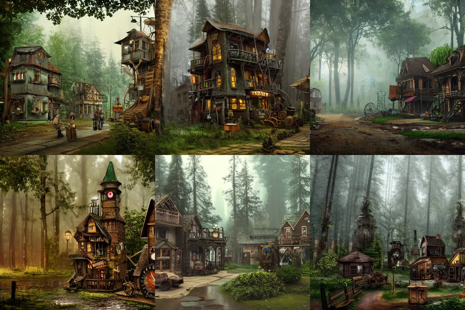 Image similar to a steampunk village in a forest, surrounded by giant trees, in the rain, photo realistic, junk everywhere, atmospheric, 8k