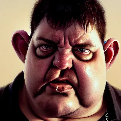 Image similar to hyper realistic, close up portrait of a disgusting fat slob by greg rutkowski, scott m fischer, artgerm, loish, atmospheric, anne stokes, alexandros pyromallis