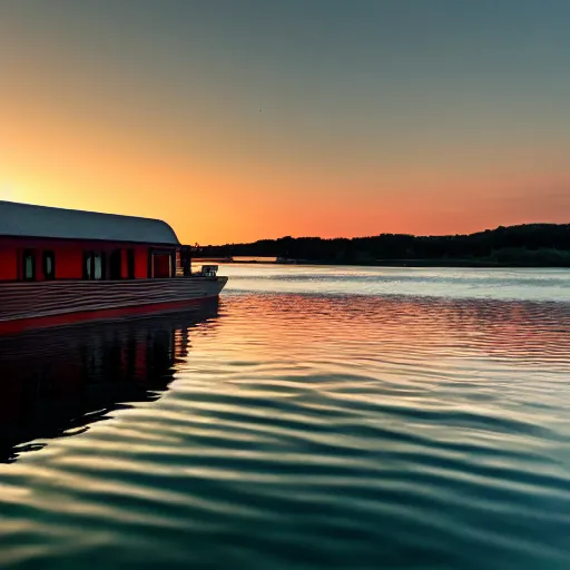 Prompt: a photo of a house boat on the water, sunset