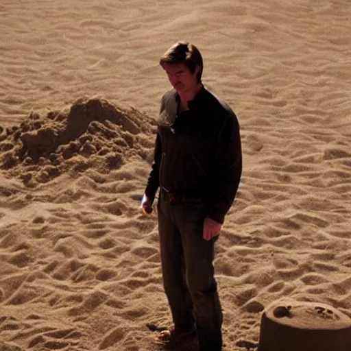 Image similar to nathan fillion as a sandcastle, beautiful composition, cinematic lighting