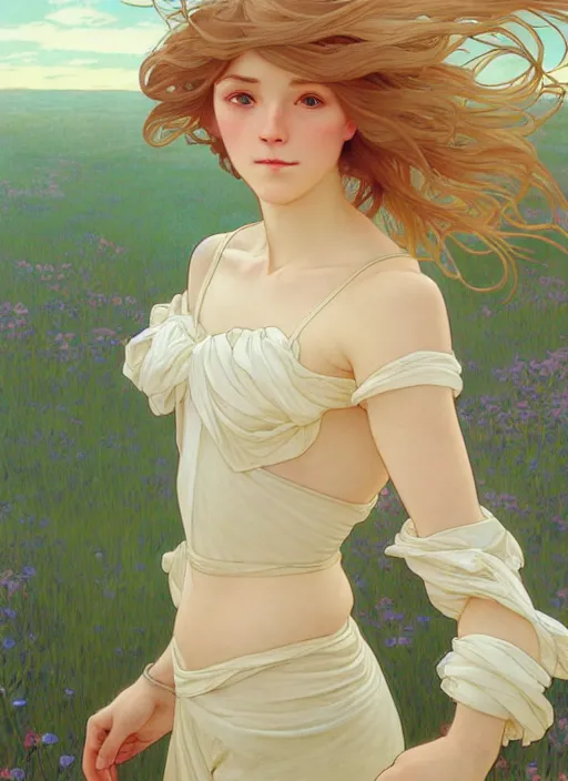 Image similar to pretty young man with shoulder length blond hair, half body shot, path traced, highly detailed, high quality, digital painting, by studio ghibli and alphonse mucha, leesha hannigan, hidari, disney, jules bastien - lepage, art nouveau, martine johanna, android jones, andreas rocha, conrad roset