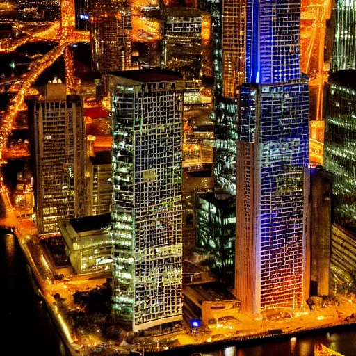 Image similar to Birds eye view of a tampa florida at night, beaches, rectangular city grid with narrow streets, tall brutalist architecture buildings, city lights spilling upwards above the top of the buildings,