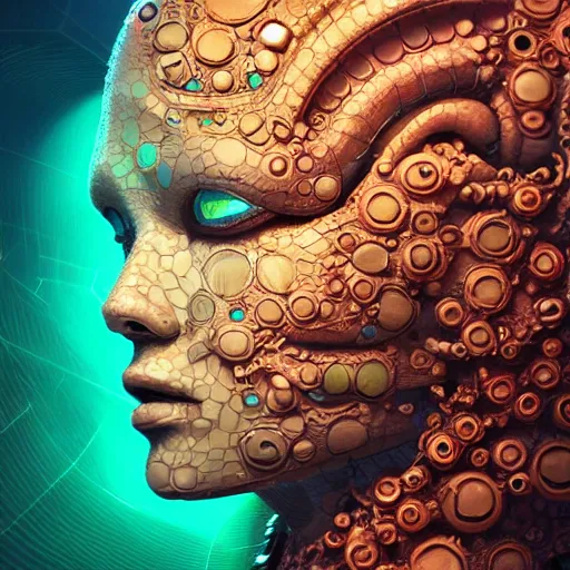 Image similar to Face of a Alien Deity, corals, circuitry, plume made of geometry, extremly detailed digital painting, sharp focus in the style of android jones, artwork of a futuristic artificial intelligence superstar, mystical colors, rim light, beautiful lighting, 8k, stunning scene, raytracing, octane, under water visual distortion, dark tones colors, trending on artstation