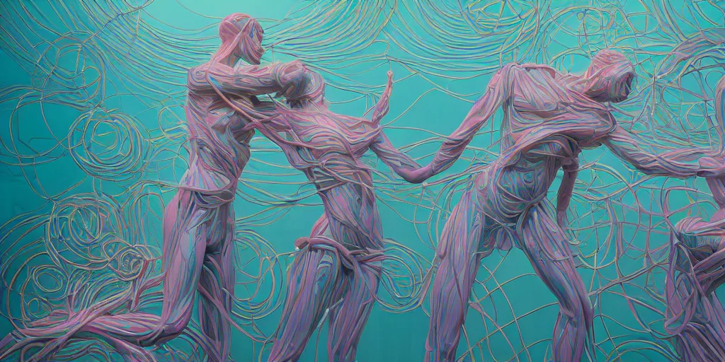 Prompt: abstract greek sculpture of intertwined bodies painted by james jean in pastel colors. artwork by Tooth Wu and wlop and beeple and dan mumford and greg rutkowski and nekroxiii. halo. octane render, cinematic, hyper realism, redshift render, 8k, depth of field, bokeh. iridescent accents. vibrant.