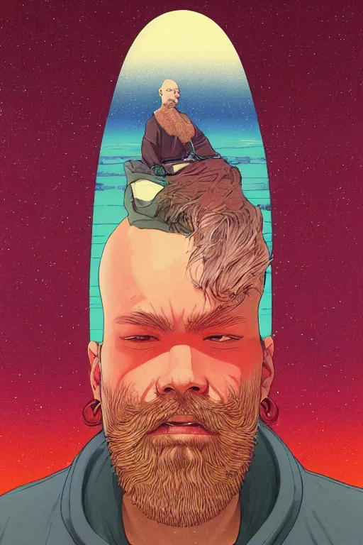 Image similar to a colorful closeup portrait of a young bald man with a huge beard and dreaming psychedelic hallucinations in the vast icy landscape of antarctica, by kawase hasui, moebius and edward hopper, colorful flat surreal design, hd, 8 k, artstation