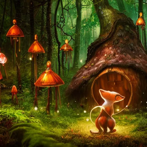 Prompt: A hyper real comic book style portait painting of an enchanted forest with toadstools and a forest hut. Soap bubbles in the air. A fox is watching, unreal 5, hyperrealistic, octane render, cosplay, RPG portrait, dynamic lighting