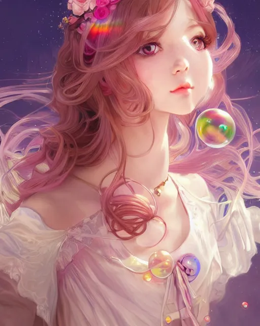 Image similar to portrait of magical lolita girl, dreamy and ethereal, expressive pose, big gold eyes, exciting expression, fantasy, intricate, elegant, many rainbow bubbles, rose tones, highly detailed, anime, artstation, concept art, cyberpunk wearing, smooth, sharp focus, illustration, art by artgerm and greg rutkowskiand alphonse mucha