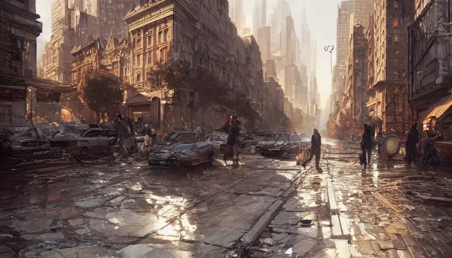 Prompt: Ultra realistic illustration of a crumbling modern city street, intricate, elegant, highly detailed, digital painting, artstation, concept art, smooth, sharp focus, illustration, art by artgerm and greg rutkowski and alphonse mucha