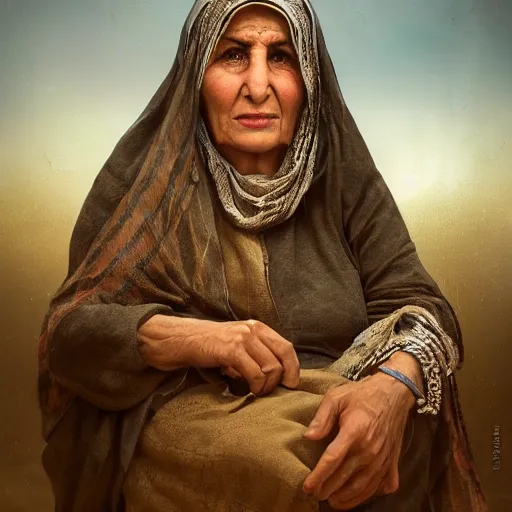 Image similar to hyperrealistic mixed media high resolution image of a beautiful Kurdish grandmother, stunning 3d render inspired art by István Sándorfi and Greg Rutkowski and Unreal Engine, perfect symmetry, dim volumetric lighting, 8k octane beautifully detailed render, post-processing, extremely hyper-detailed, intricate, epic composition, highly detailed attributes, highly detailed atmosphere, full body shot, cinematic lighting, masterpiece, trending on artstation, very very detailed, masterpiece, stunning, flawless structure, lifelike texture, perfection,