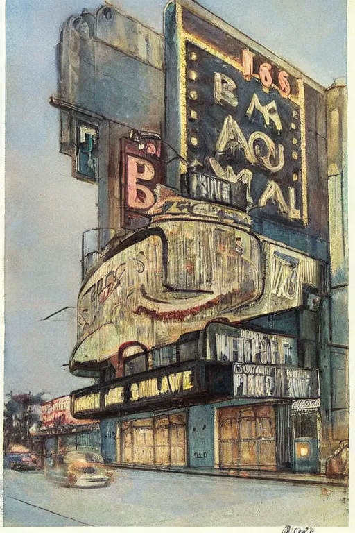 Image similar to ( ( ( ( ( 1 9 5 0 s old movie theater building. muted colors. ) ) ) ) ) by jean - baptiste monge!!!!!!!!!!!!!!!!!!!!!!!!!!!