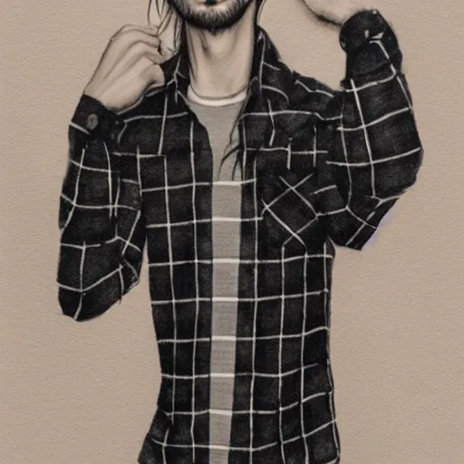 Prompt: professional pencil sketch of a young adult man with slightly long hair wearing a black flannel shirt and dark sweatpants, high quality, HD, 8K, highly detailed, award-winning