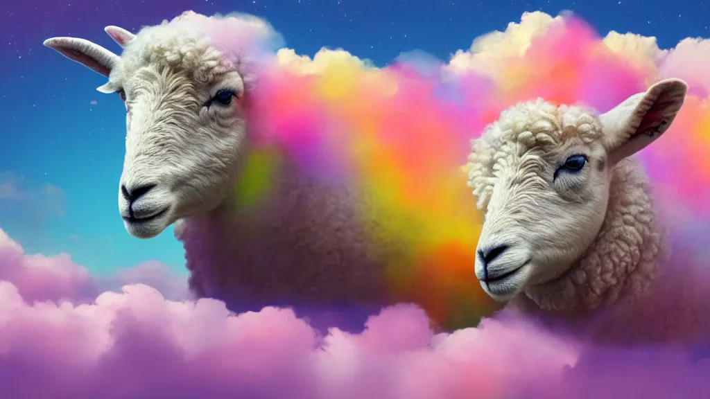 Image similar to portrait of a sheep on a colorful nebulous cloud backdrop