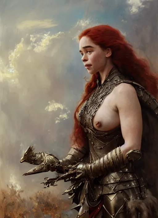 Prompt: short muscular redheaded woman wearing realistic medieval armour, emilia clarke staring seductively, staring seductively, detailed by gaston bussiere, bayard wu, greg rutkowski, giger, maxim verehin, greg rutkowski, masterpiece, sharp focus, cinematic lightning