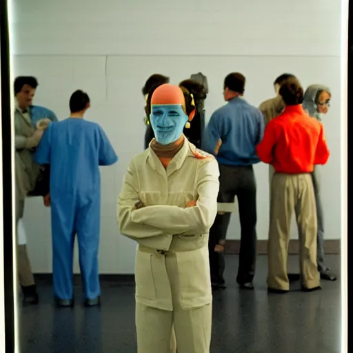 Image similar to alien standing in line at a soviet hospital, top secret style, realistic photo, cinestill 8 0 0 t, 1 9 7 0 s, color