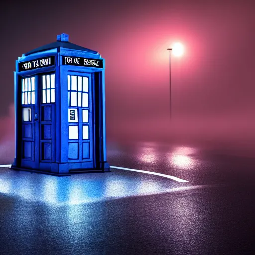 Image similar to a hyperdetailed photograph of the tardis sat on a futuristic street corner, night, dense fog, rain, hd, 8 k resolution