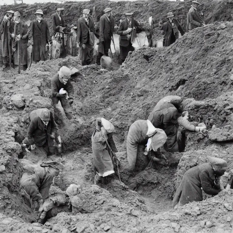 Image similar to human archaeologists with badger's faces in the style of beatrix potter, in 1940s suits digging at the sutton hoo ship burial, rendered as a black & white photo