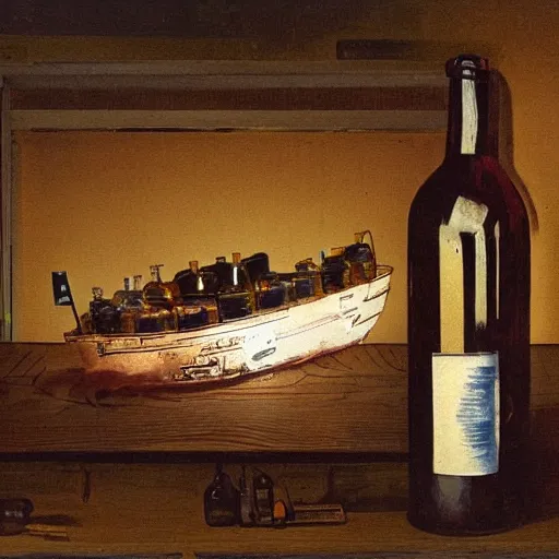 Image similar to A Ship inside a bottle lying on the table, perfect definition,