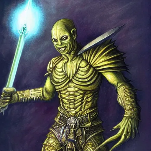 Image similar to ( ( ( half length portrait of yellow - skinned githyanki warrior holding a magical silver sword, in the astral plane ) ) ), d & d, fantasy, medieval, hr giger