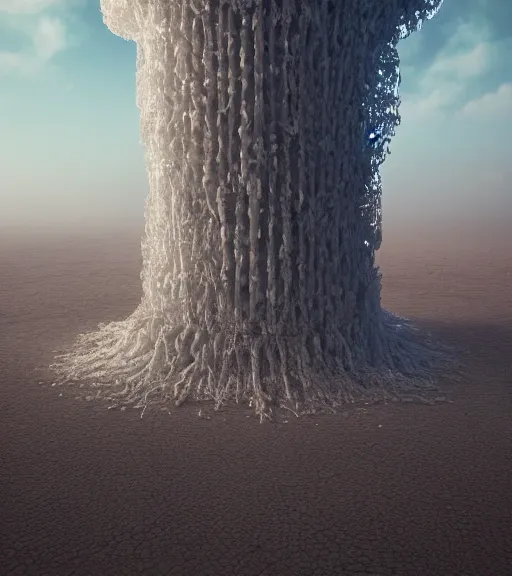 Prompt: surreal tower made of white crystalized aerial iridecent veins, inverted white roots in the floor, in the desert, foggy sky, dark night, octane render, unreal engine, pale colors, high detail, 8 k, wide angle, trending on artstation, behance