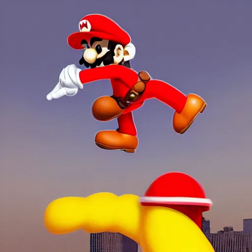 Prompt: “Photo of a man dressed like Mario jumping off of a midair dinosaur to reach a high platform. 4k”