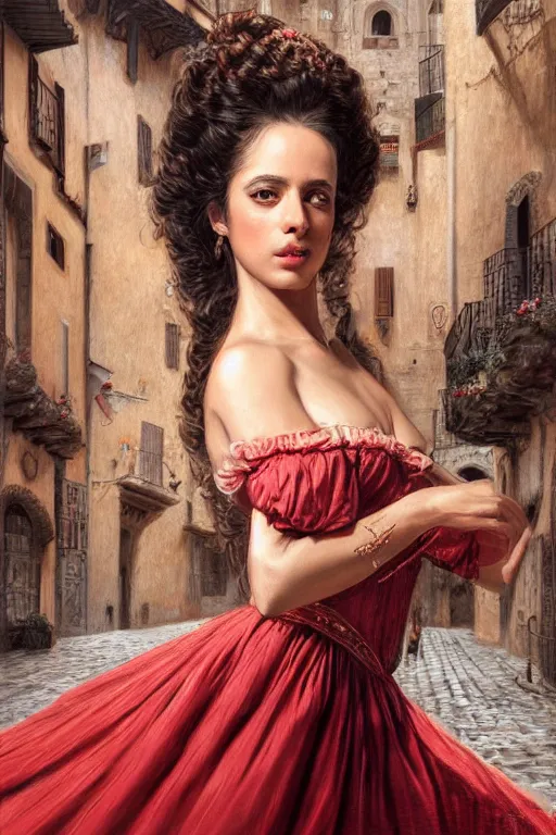 Image similar to rosalia vila i tobella, the singer rosalia, highly detailed, spanish princess, flamenco dancer, highly detailed, digital painting, night scene, 1 8 th century barcelona courtyard, trending on artstation, concept art, sharp focus, illustration, art by artgerm and greg rutkowski and magali villeneuve